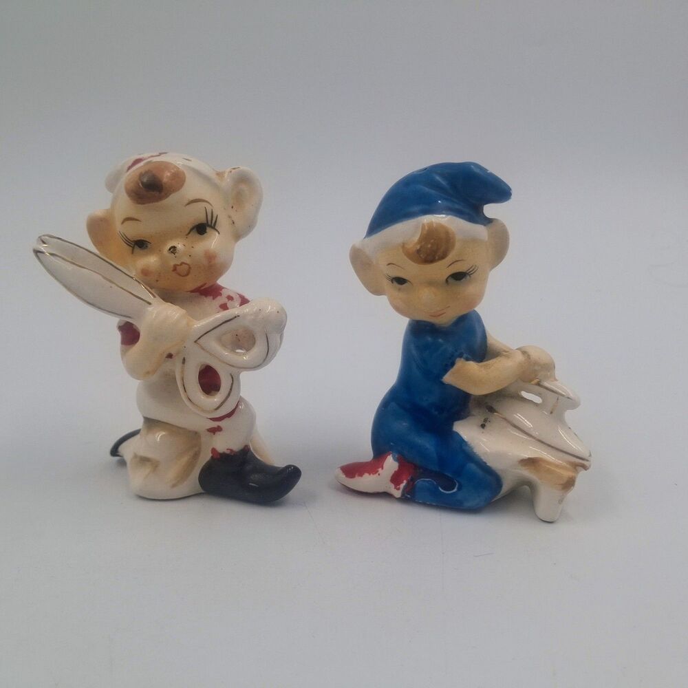 Vintage Sewing Pixie Elf Salt Pepper Shaker Set Ceramic MCM Ironing Scissors